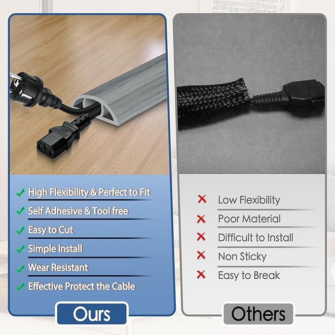 Floor Cord Cover for Wires on Floor Self Adhesive Cord Hider Floor Cable Management Wire Covers for Cords Protector Prevent Cable Trips Cord Cavity W 0.59" x H 0.31", Gray Wood, 3.3Ft