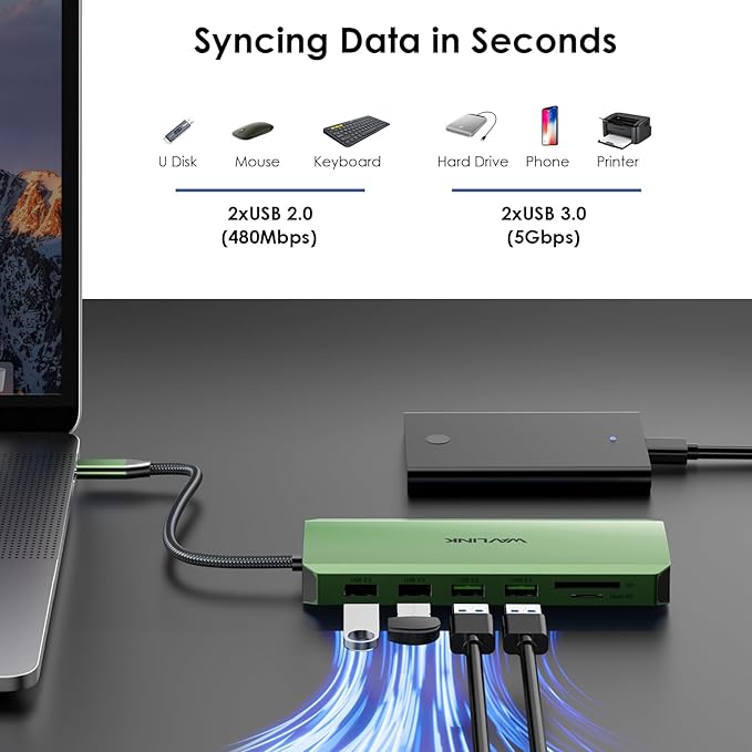 WAVLINK USB C Docking Station Dual Monitor, USB Type C Hub Triple Display, USB C to 2 HDMI,DisplayPort, PD Charging, Ethernet, 5 USB, SD/TF Read, Audio for MacBook Dell HP Lenovo Surface, Green