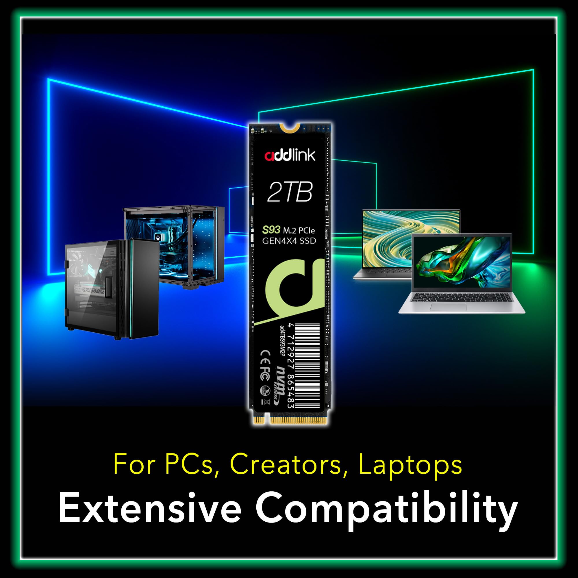 Addlink S93 2TB PCIe 4.0 M.2 Gen 4 Memory Expansion SSD, Up to 7400 MB/s, Internal Solid State Drive with HMB Technology for Laptop, Gaming and Creators