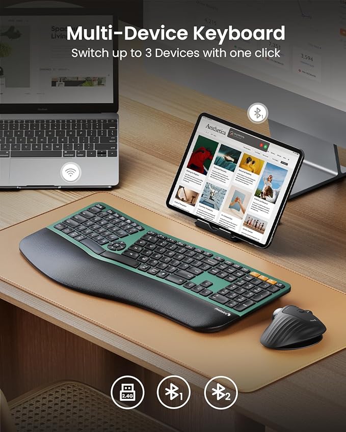 ProtoArc Backlit Bluetooth Ergonomic Keyboard, EK01 Plus Full Size Wireless Split Keyboard with Dual Bluetooth and USB, Cushioned Wrist Rest, Rechargeable, Compatible with Windows/Mac/Android, Green
