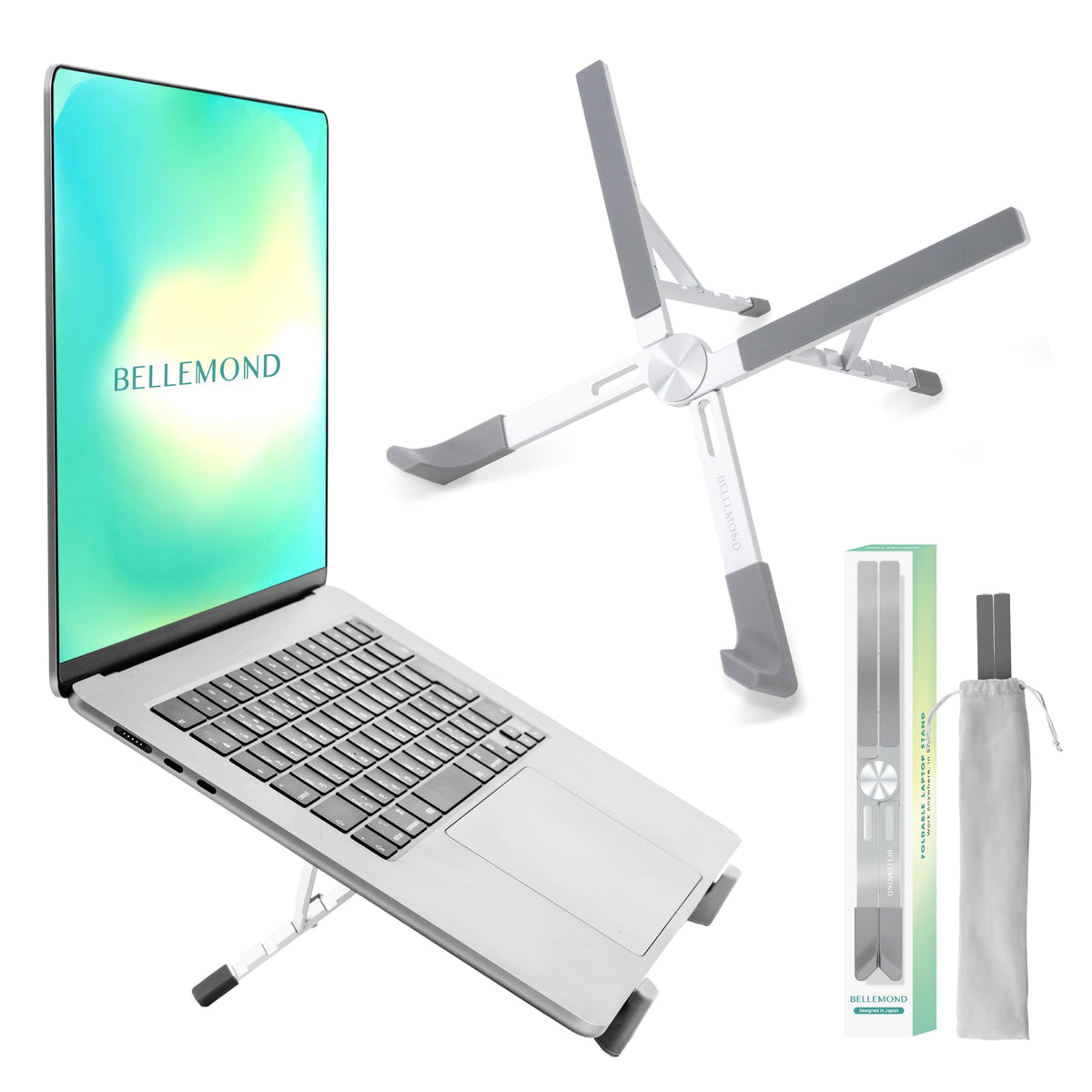 BELLEMOND Adjustable Laptop Stand | Foldable Aluminum Riser | X-Frame Ergonomic Japanese Design | Fits MacBook Pro/Air, Dell, Lenovo & 10–17.3” Laptops | Portable & Lightweight | Midnight Black
