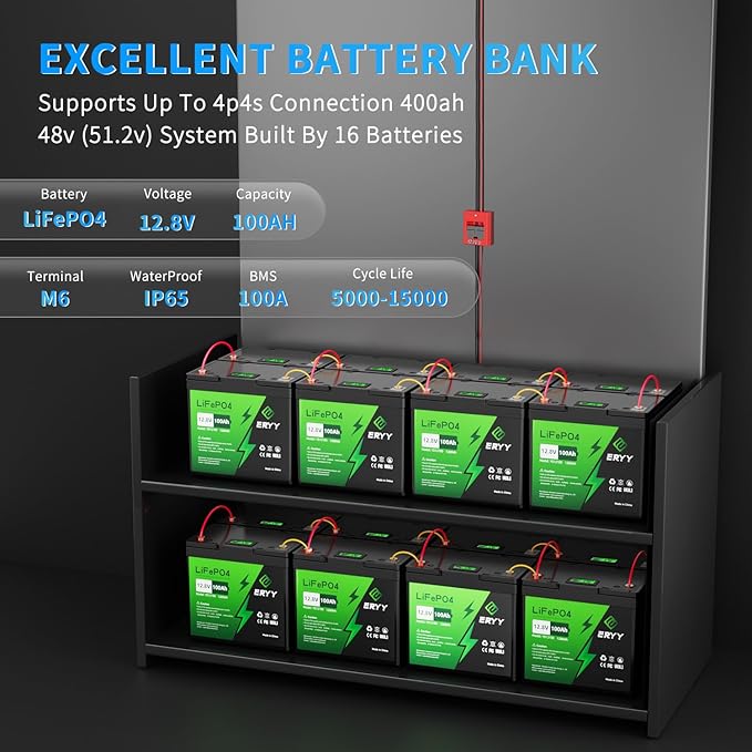 12V 100Ah LiFePO4 Battery - 2 Pack, Rechargeable 12v Lithium Batteries with 100A BMS, VoltMeter, 5000+ Deep Cycle 1.28kWh Higher Energy Density Battery for RV, Boat, Van, TrollingMotor(Mini Size)