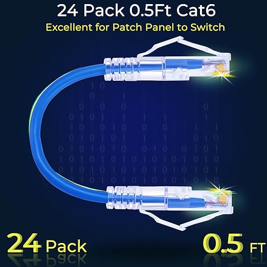 Rapink 24 Pack Cat6a Ethernet Patch Cables 0.5ft Blue, Supports 10G, Snagless, Slim, Ideal for Patch Panel to Switch, Data Center, Improves Airflow