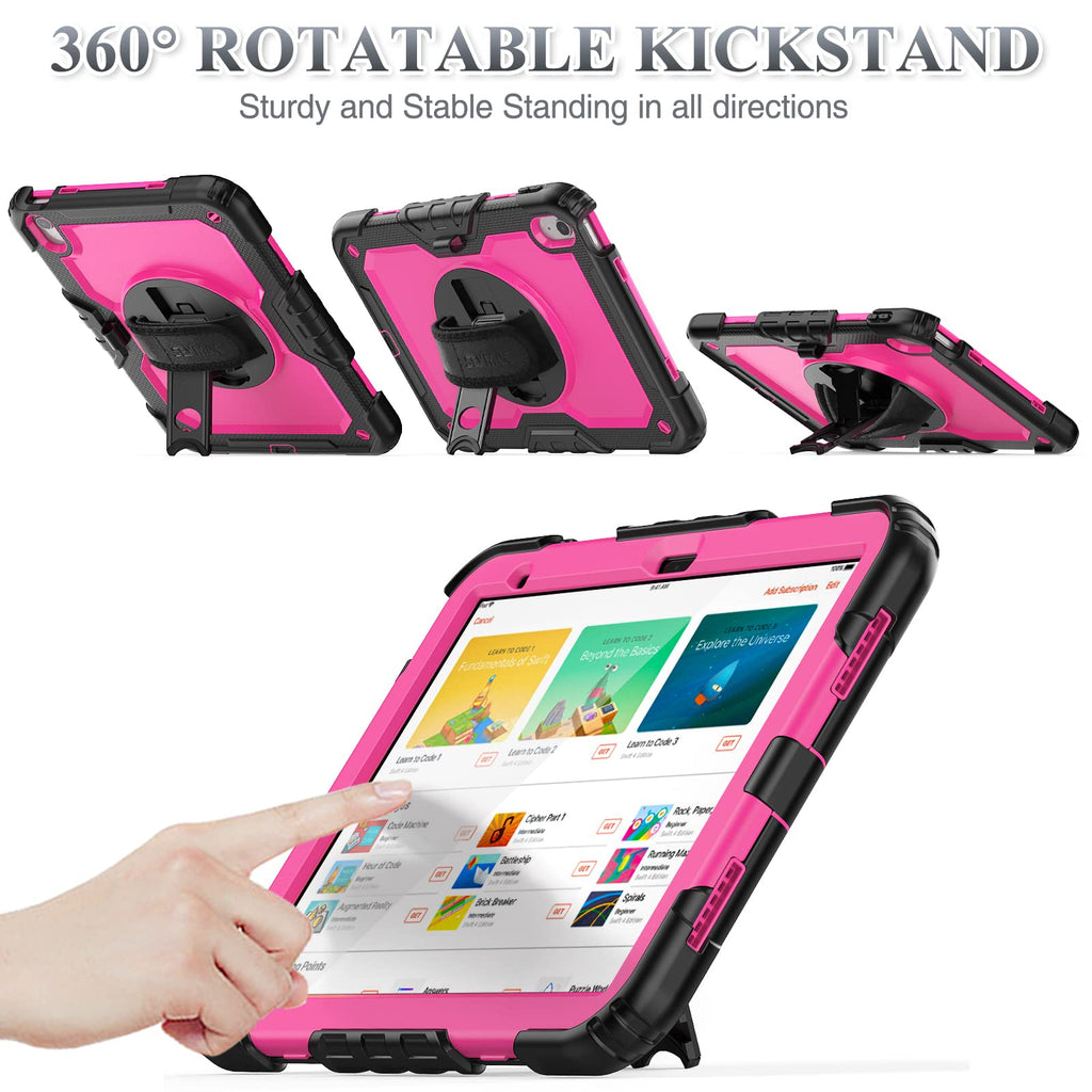 SEYMAC stock Case for iPad (A16) 11th/10th Generation 11''/10.9'' 2025/2022, Full-Body Drop Protection Case with Screen Protector &360° Rotate Hand Strap/Stand, Pink+Black