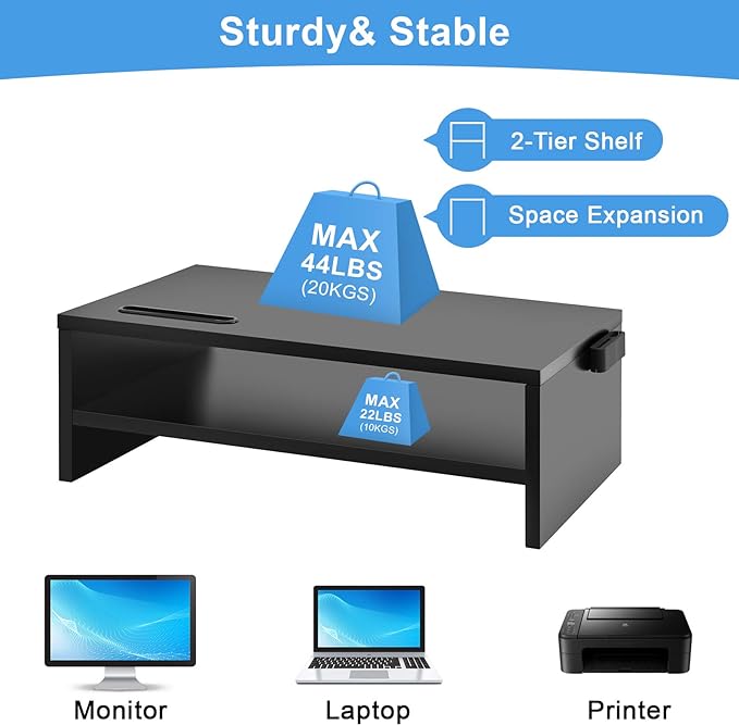 Marbrasse Monitor Stand Riser, 16.5 Inch 2 Tier Computer Printer Shelf Stand for Laptop Computer Screen Storage, Desktop Stand with Phone Holder and Cable Management Black