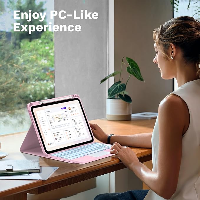 MoKo Touch Keyboard Case for iPad (A16) 11th Generation 11 inch 2025, iPad 10th Generation 10.9 inch Case with Pencil Holder, 7 Colors Backlit Multi-TrackPad Detachable Bluetooth Keyboard, Pink Marble