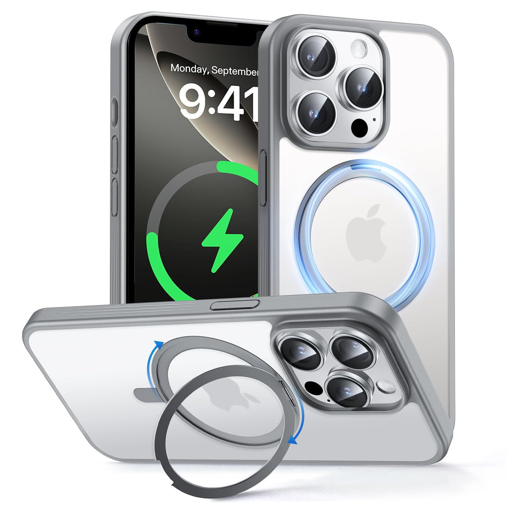MAGIC JOHN 360° Rotatable Magnetic Invisible Stand for iPhone 14 Pro Case [Anti-Slip Grip] [Compatible with MagSafe] 16FT Shockproof for iPhone 14 Pro Case with Kickstand, Gray