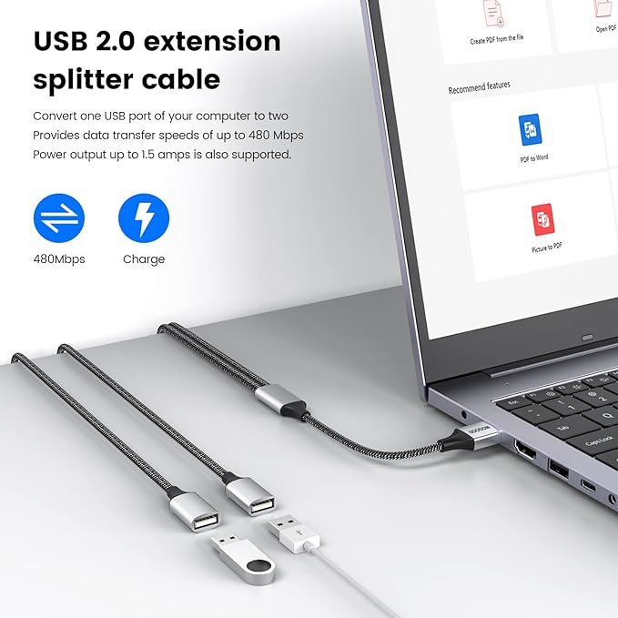 USB Extension Cable,USB A Male to 2 Female Extension Cord Durable USB Splitter Cable Nylon Braided Fast Data Transfer Compatible with Printer, USB Keyboard, Flash Drive, Hard Drive, PlayStation