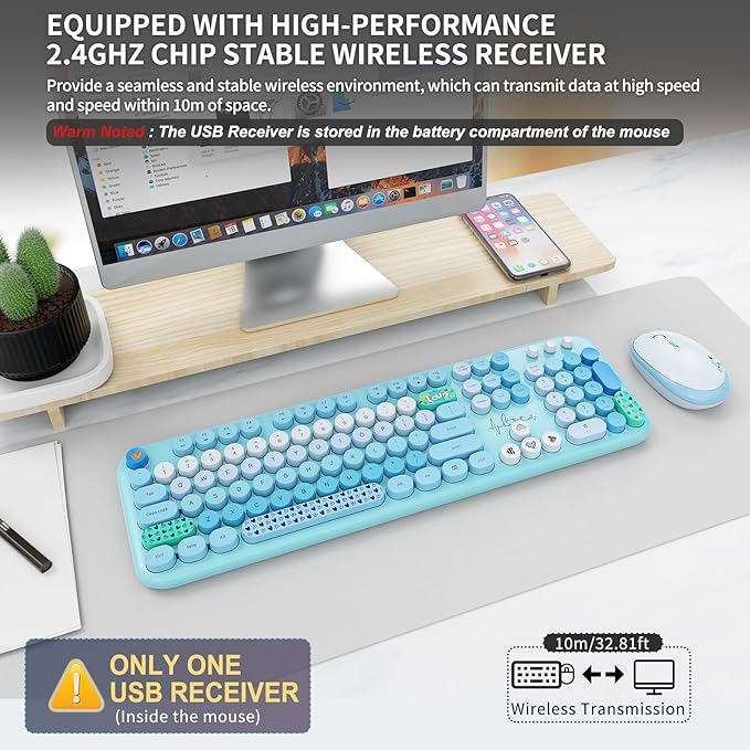 Wireless Keyboard and Mouse Set, 104 Round Keys Full-Size Cute Colorful Keyboard and Mouse with Retro Typewriter for PC/Mac/Laptop/Tablet/Computer/Windows Blue