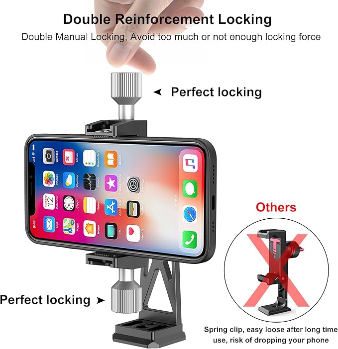 Peastrex Metal Phone Tripod Mount Extra Deep Clamp with Arca Port Cold Shoe 360°Ball Head Cellphone Tripod Adapter for iPhone Galaxy Smartphone Stand Holder for Vlogging Video Camera Monitor