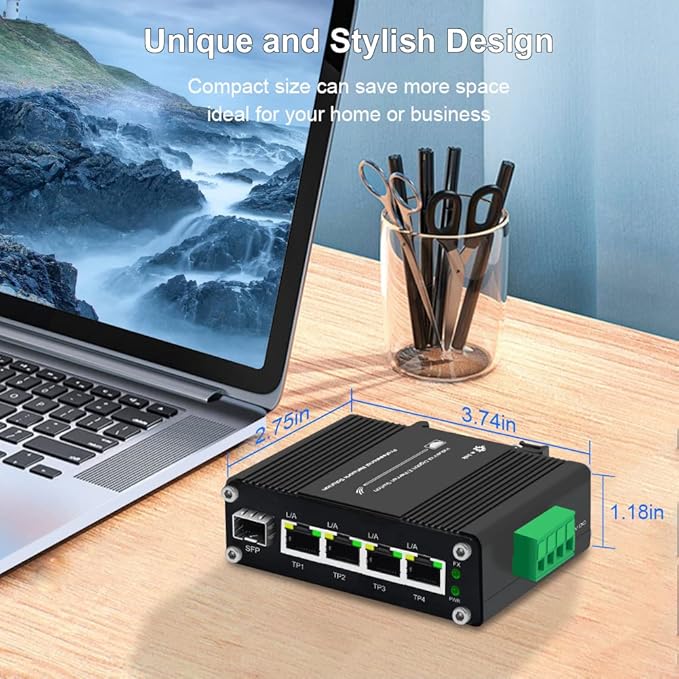 Industrial Gigabit 4-Port Ethernet Switch - Hardened 10/100/1000Mbps Fiber with 100/1000M Adaptive SFP Slot, Din Rail/Wall Mount, Unmanaged Network, 12-48V DC, 5-Port