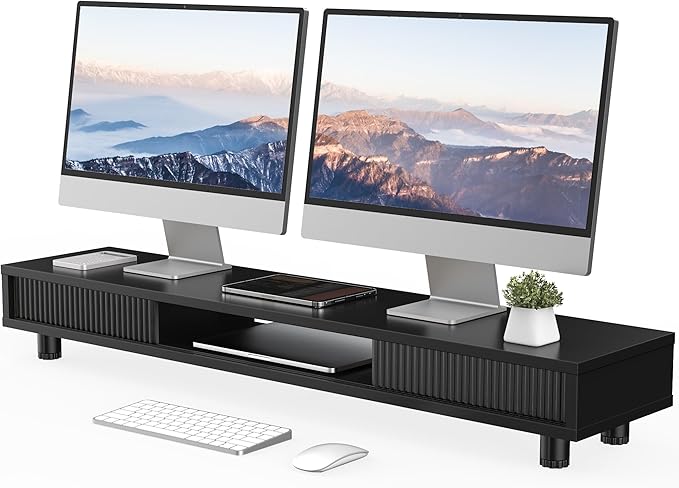 Fenge Dual Monitor Stand with Storage, Desk Shelf with Glass Sliding Door
