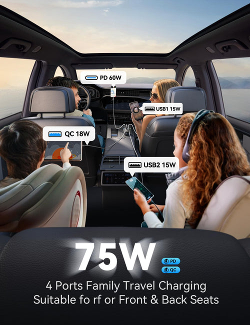 75W Car Charger USB C, 4 Port Super Fast Cigarette Lighter USB Charger, Type C 60W & QC 3.0 Multiport Car Phone Adapter Accessories for iPhone 17/16/15/14 Samsung S26 Series with 3.3ft 60W USB C Cable