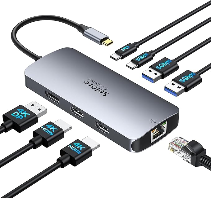 USB C Docking Station Dual Monitor, Selore Docking Station 3 Monitors Triple 4K Display with 2 HDMI, DisplayPort, 1 Gbps Ethernet, 100W PD Charging, USB 3.0 Ports Adapter for Dell, HP, Lenovo,etc