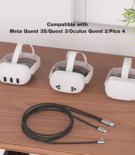 16FT VR Charging Link Cable | USB 3.0 High-Speed Data & Charge for Meta Quest 3S/3/2/Pro, Pico 4 and PC/SteamVR USB-C Charger Cord for VR Headset - Gray