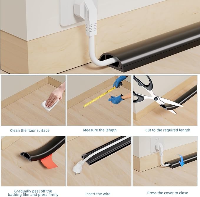 10ft Side Buckle Floor Cord Cover for Wires, Selfadhesive Extension Cord Hider Easy Floor Cable Management Prevent Cable Trips,Silicone Floor Wire Covers for Cords, Cable Protector Cord Cavity（Brown）