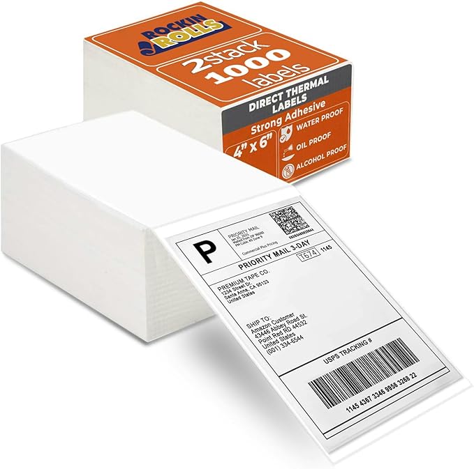 Rockin Rolls Direct Thermal Shipping Labels (Total of 1000) 2 Packs of 500-4x6 Thermal Labels Fanfold, Thick, Commercial Grade, Waterproof Mailing & Address Labels, Perforated & Strong Adhesive