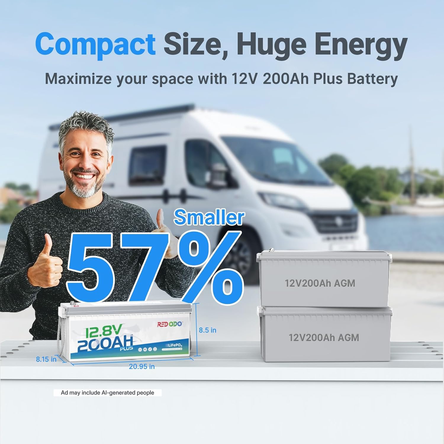 Redodo 12V 200Ah Plus Lithium LiFePO4 Battery (Pack 2), Max 2560W Power Output, 200A BMS Protection, 4000-15000 Deep Cycles,Perfect for Home Solar Storage, RV, Marine, etc