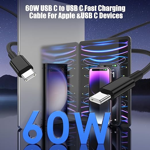 2-Pack Black 10FT 60W USB C to USB C Cable, Type C to Type C Cable,Fast Charging Cable for iPhone 16 15 Pro Plus Pro Max，for Galaxy S24 S23, for iPad Pro/Air, for MacBook Pro/Air and More