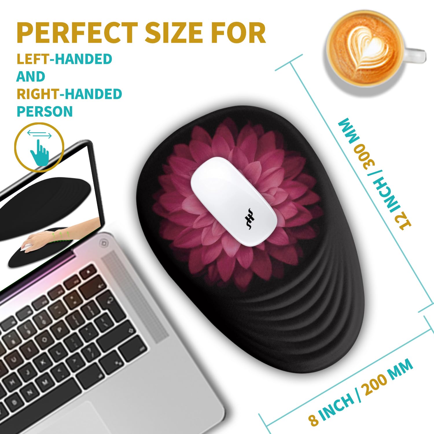 Hokafenle Ergonomic Mouse Pad Wrist Support with Stepped-Wedge Design, Wrist Rest Pain Relief Mousepad Filled with Memory Foam, Carpal Tunnel Mousepad for Wireless Mouse(12x8 inch, Pink Flower)