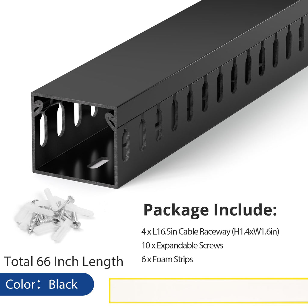 1.4"H x 1.6"W Cable Raceway, 66in Under Desk Wire Management Channel, Black