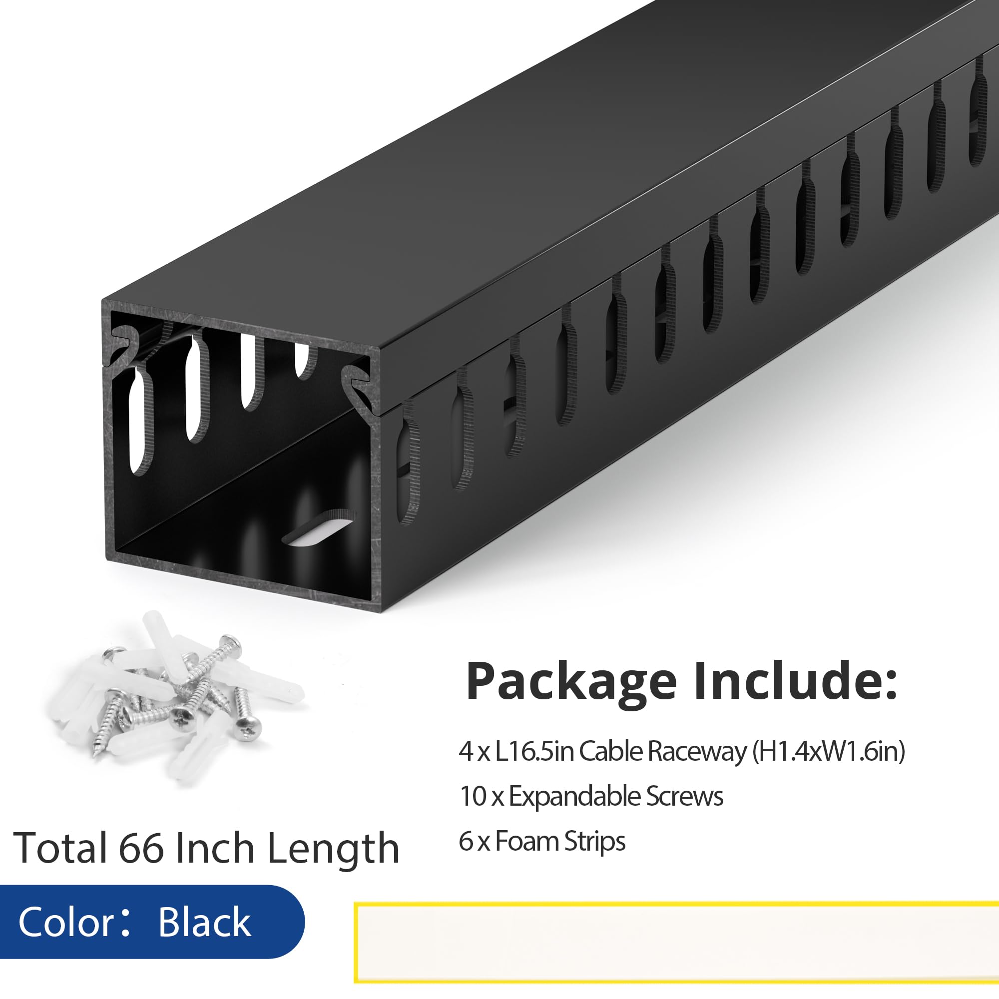 1.4"H x 1.6"W Cable Raceway, 66in Under Desk Wire Management Channel, Black