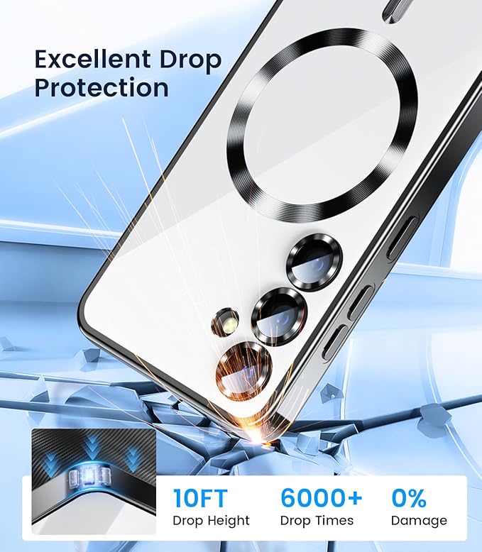 Slim Thin for Samsung Galaxy S25 Case, Compatible with MagSafe, Built-in Camera Lens Protector, Shockproof Protective Phone Case, Soft Electroplated Clear Phone Cover, Black