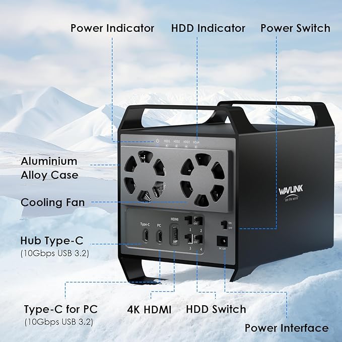 WAVLINK 4-Bay Hard Drive Enclosure for 3.5" and 2.5'' SATA HDD/SSD Featuring 10Gbps USB-C 3.2, Max 88TB Capacity, Built-in Temp-Controlled Cooling Fans, 4K HDMI Stunning Video Output, Aluminum Shell