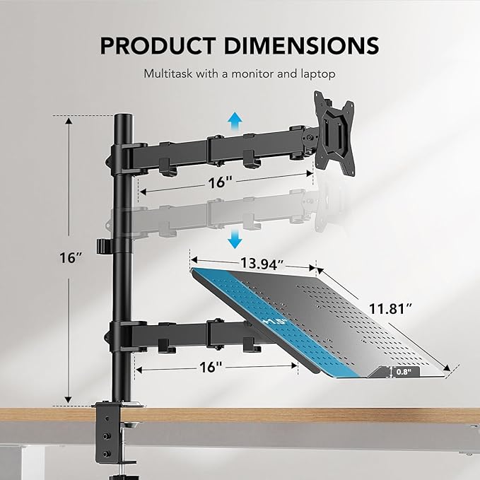 HUANUO Adjustable Monitor Stand, Single Arm Desk Mount for 32 inch Screen and 17 inch Laptop, Heavy Duty Ergonomic Bracket Holds 22lbs