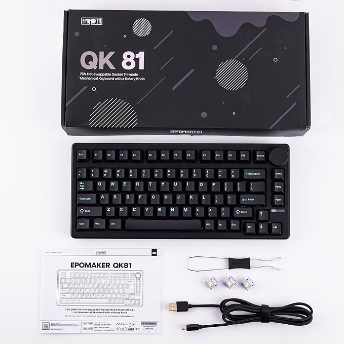 EPOMAKER QK81 75% Wireless Mechanical Gaming Keyboard, QMK/VIA Programmable and Hot-Swappable, 81 Keys with Metal Knob, 2.4Ghz/BT/USB, Creamy Gasket-Mount, RGB Backlight (Black, Wisteria Switch)