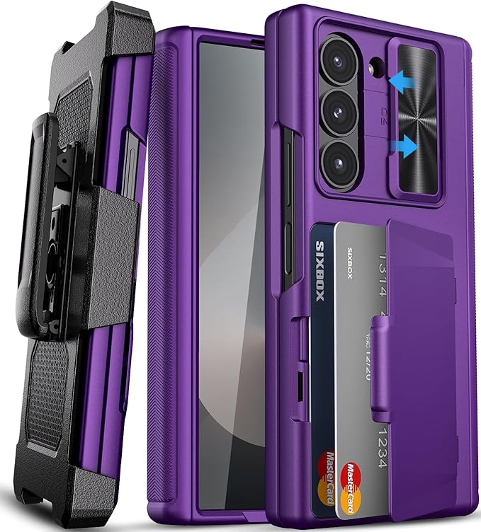 SIXBOX for Samsung Galaxy Z Fold 6 Case with Card Holder & Belt Clip & Slide Lens Cover, Built-in Hinge Protection & Screen Protector, Durable Wallet Phone Cover Case for Z Fold 6 5G 2024, Dark Purple