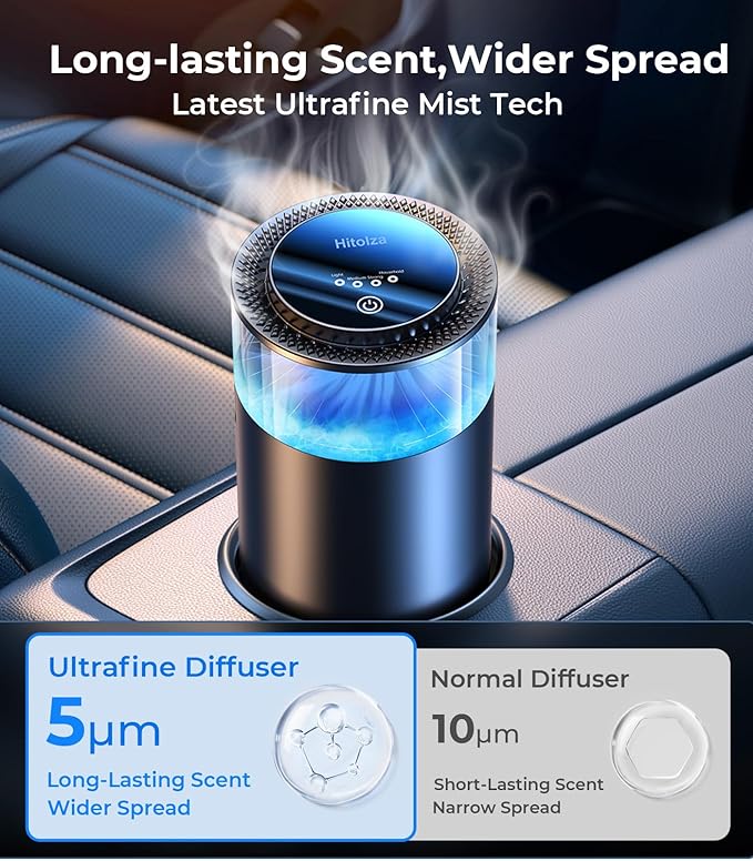 Smart Car Air Fresheners, Ambient Light & Mist, Auto On/Off, Adjustable Intensity Car Air Freshener Diffuser, Fragrance Lasts 6 Months, Built-in Battery, Scent Refill X2 - Osmanthus Orchid