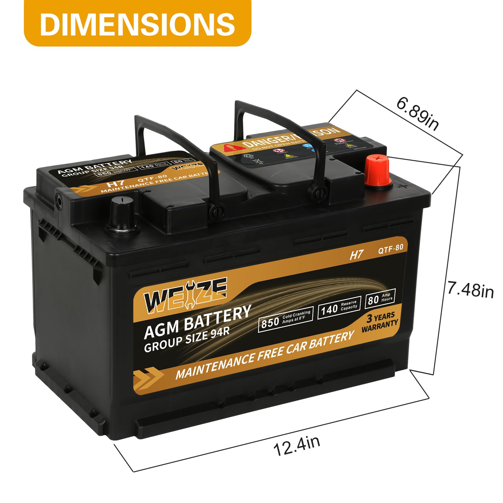 Weize Platinum AGM Battery BCI Group 94R - 12v 80ah H7 Size 94R Automotive Battery, 140RC, 850CCA, 36 Months Warranty, Dimensions 12.4" L x 6.89" W x 7.48" H