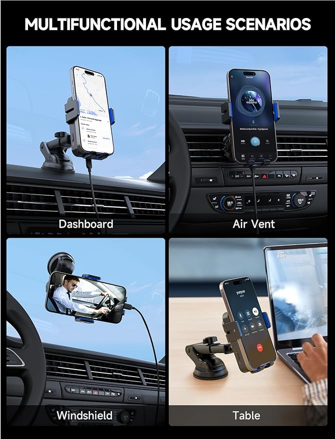 MOKPR Wireless Car Charger, 15W Auto Clamping Car Charger Dash Windshield Air Vent Phone Holder Compatible with iPhone 16 15 14/13/13 Pro/12 pro/12/11/X/8, Samsung S24/S23/S22, Blue