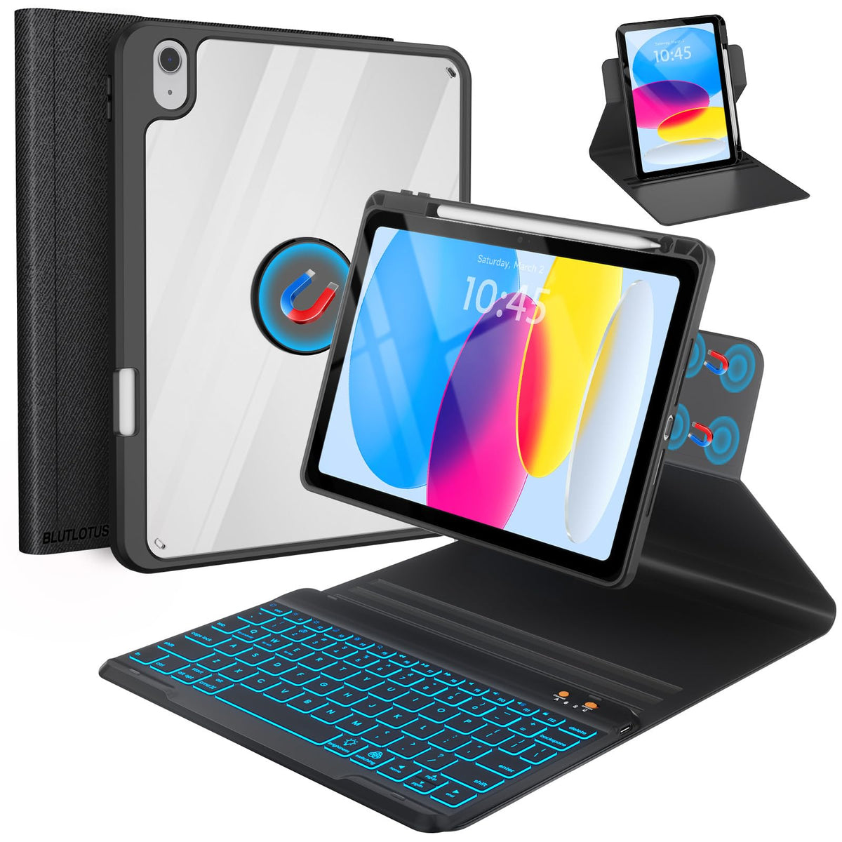 BLUTLOTUS Keyboard Case for iPad 11th Generation (A16) 10th Generation (2025/2022) - 360 Rotatable Magnetic Folio Cover, 7 Color Backlit Detachable Wireless Keyboard with Pencil Holder (Purple)