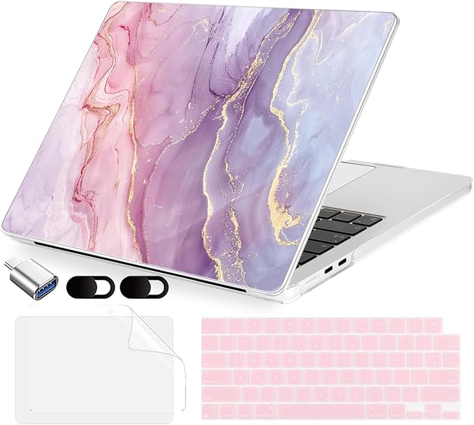 Compatible with MacBook Air 15 inch Case, M4 A3241/M3 A3114/M2 A2941 (Released 2025 to 2023), Hard Shell, Keyboard Cover, Screen Protector, Webcam Cover & Type-C Adapter, Pink Marble