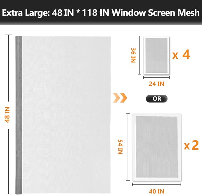 Window Screens Replacement Repair Kit, Grey Screen Door Mesh Replacement Kit, Durable Fiberglass Mesh Roll with Tools for Windows Doors Patio and Porch, 48in x 118in