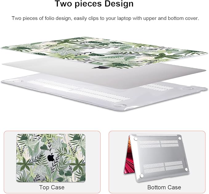 for MacBook Air 13 inch Case 2021 2020 2019 2018 for Mac A2337 M1 A2179 A1932 Cover with Touch ID, Crystal Plastic Hard Shell Case Keyboard Skin Screen Protector, Tropical Green Leaves
