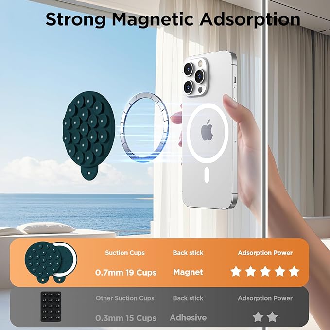 Magnetic Suction Cup Phone Mount for MagSafe Case, Silicone Hands-Free Phone Grip Holder for iPhone and Android, Mirror Shower Phone Stand for Makeup FaceTime Gym Kitchen Bathroom, Dark Green