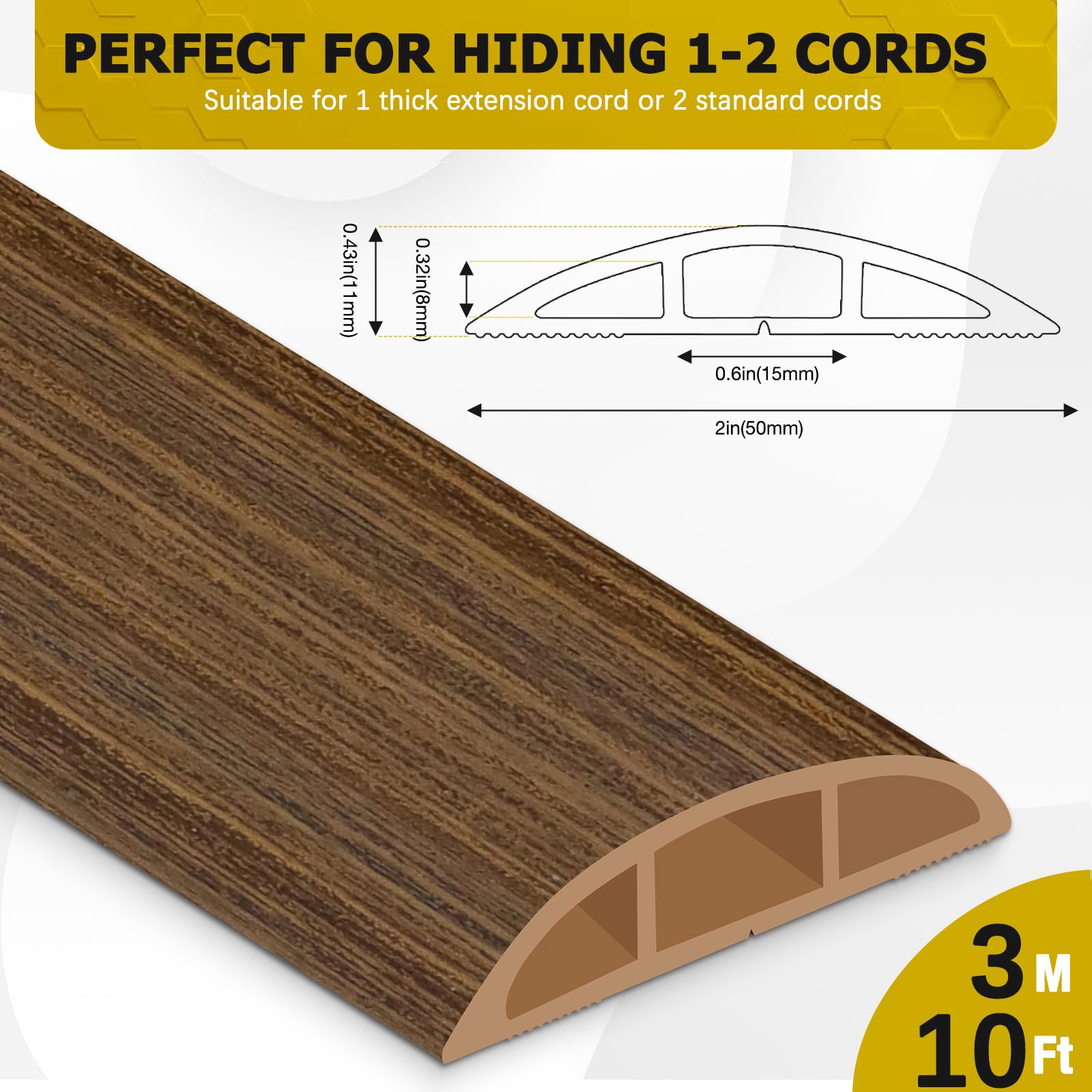 JAHOMFAI Floor Cord Cover 10FT Cord Covers for Wires on Floor Protect Wires & Prevent Trip Hazards, Easy to Cut for Home, Office, School, Concerts, Cavity W0.6in x H0.32in