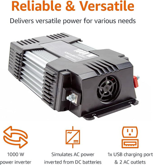 Amazon Basics 1000W Car Power Inverter, 12V to AC 110V, Portable, 2 AC Outlets, USB Port, 13.81 x 7.44 x 3.07 inches
