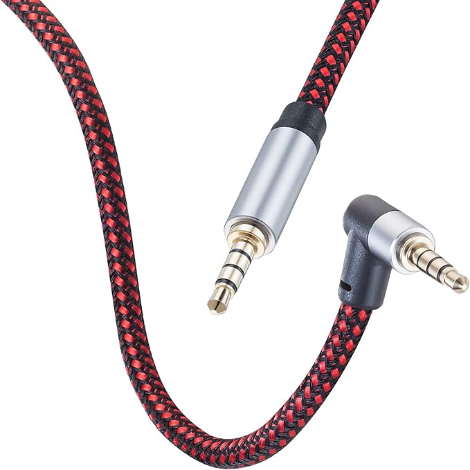 Male to Male Audio Cable 12Ft, 90 Degree TRRS 3.5mm 4 Pole Nylon Braided Stereo Auxiliary Cable for Headphones, PS4, Phone, Tablets, Headset, PC, Laptop and More