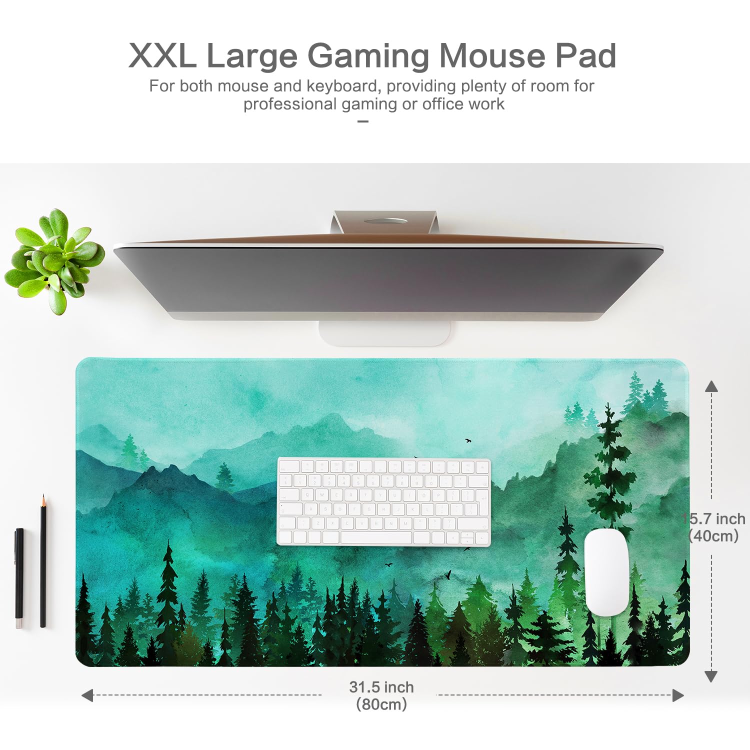 Lokigo Green Forest Mouse Pad, Waterproof Extended Large Gaming Mousepad with Non-Slip Rubber Base Stitched Edges Desk Pad Keyboard Writing Desk Mat Office Home Study 31.5"x15.7", Mountain