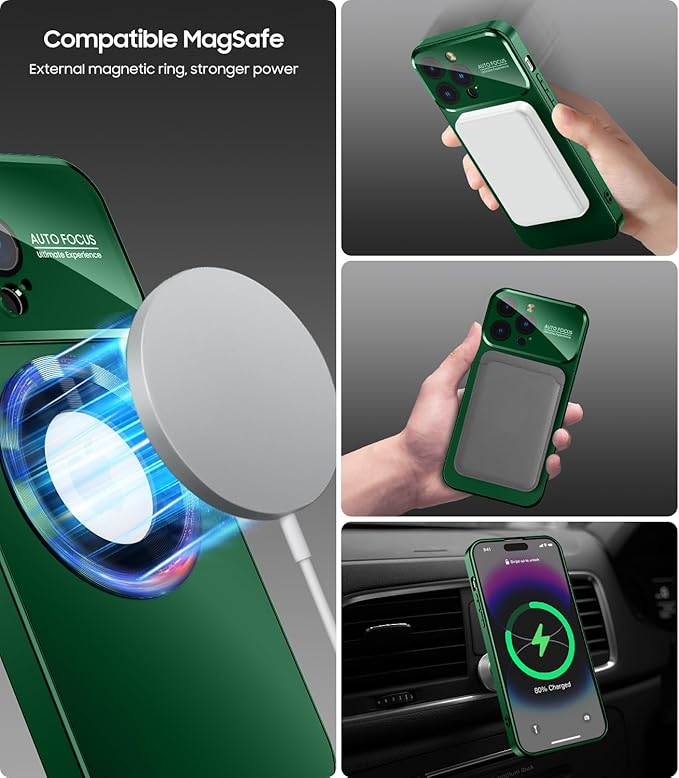 Magnetic for iPhone 13 Pro Max Case, Compatible with MagSafe, Built-in Camera Lens Protector, Logo View, Military Grade Drop Proof Phone Case Cover, Dark Green
