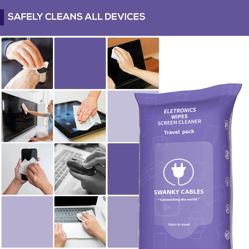 Swanky Cables Screen Cleaner Wipes: Electronic Wipes for Screens - Computer Screen Wipes for Lens, Phone, Tv Screen and Monitor Cleaning - Tech Wipes & Microfiber Cloth (Soft Wipes, 30 Count)