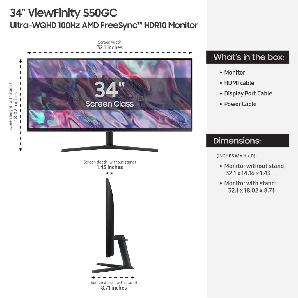 SAMSUNG 34" ViewFinity S50GC Series Ultra-WQHD Monitor, 100Hz, 5ms, HDR10, AMD FreeSync, Eye Care, Borderless Design, PIP, PBP, LS34C502GANXZA, 2023, Black