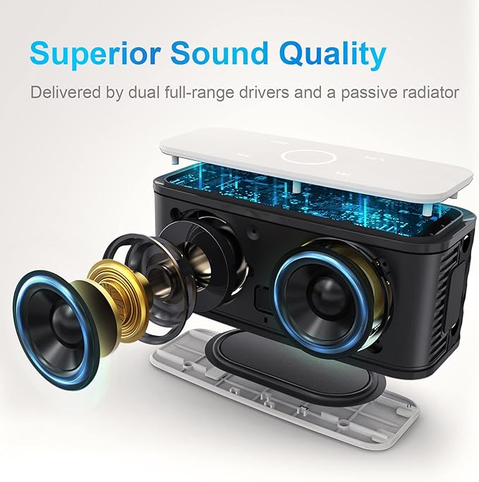 DOSS SoundBox Touch Wireless Bluetooth Speaker with 12W HD Sound and Bass, IPX5 Water-Resistant, 20H Playtime, Handsfree, Portable for Office, Home, Outdoor, Travel-White