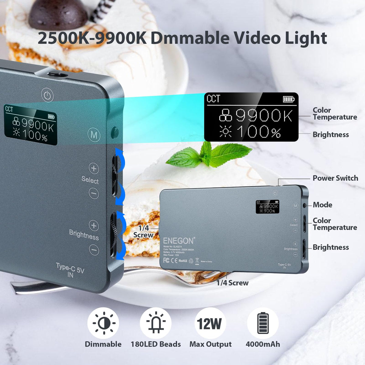 ENEGON 4000mAh Rechargeable Mountable Bicolor LED Video Light with Mini Panel for Professional DSLR Cameras | Photo Video Lighting Long Battery Life | Fits for iPhone Sony Canon Nikon Fuji Panasonic