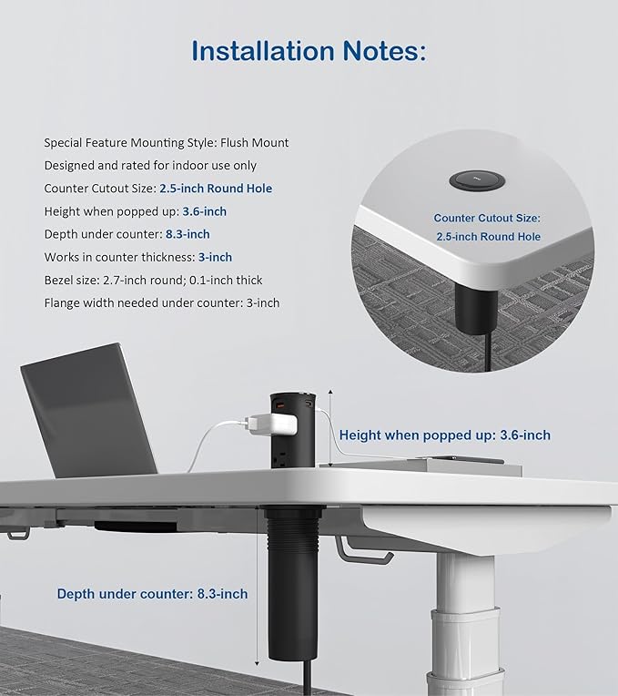 Pop up Outlet for Countertop,2.5 Inch Hole Desktop Power Grommet,Recessed Power Strip,20W USB C Fast Charging,4 Outlets 4 USB Ports,15Amp Tamper Resistant Receptacle for Home,Kitchen,Office Black