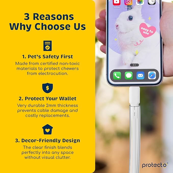 PROTECTO Heavy Duty Cord Protectors from Pets No Chew Solution, 7ft Easy to Use Dog & Cat Cord Protector, Clear & Odorless Critter Cord Covers for Pets, Power Audio & Video Wire Protector Tubing